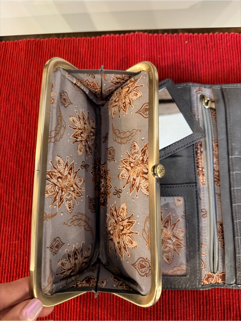 HOBO Gray Wallet with Brass Kiss-Lock and Floral Lining